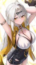 1girl arm_behind_head armlet armpits arms_up black_shorts breasts collar commentary cowboy_shot grey_hair hair_ornament high-waist_shorts highres jacket jewelry large_breasts light_blush long_hair looking_to_the_side mole mole_on_breast night_known parted_lips shirt shorts solo sweat thighs very_long_hair white_collar white_shirt yellow_eyes yellow_jacket yi_xuan_(zenless_zone_zero) zenless_zone_zero