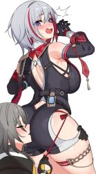 2girls ass bare_shoulders belt black_gloves blue_eyes blush breasts closed_mouth colored_inner_hair commentary face_in_ass female_pervert gloves grey_hair hair_between_eyes highres honkai:_star_rail honkai_(series) huge_ass large_breasts long_sleeves looking_back medium_hair multicolored_hair multiple_girls ndgd open_mouth pervert red_hair short_hair smelling smelling_ass stelle_(honkai:_star_rail) streaked_hair thigh_strap thighs topaz_(honkai:_star_rail) trailblazer_(honkai:_star_rail) two-tone_hair yuri