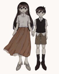 1boy 1girl :d :| antenna_hair black_eyes black_hair black_shoes black_socks black_sweater_vest breasts brother_and_sister brown_shorts brown_skirt buttons closed_mouth collared_shirt commentary_request double-parted_bangs empty_eyes film_grain full_body grey_shoes hair_behind_ear hair_between_eyes hatching_(texture) high_heels highres holding_hands kneehighs long_hair long_skirt looking_at_viewer mari_(faraway)_(omori) mari_(omori) no_pupils omori open_mouth pleated_skirt sema_(vivaviva_02) shirt shoes short_hair short_sleeves shorts siblings simple_background skirt small_breasts smile socks standing straight-on straight_hair sunny_(omori) sweater_vest very_short_hair white_background white_shirt wind