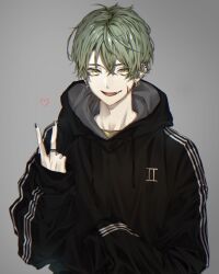 Rule 34 | 1boy, absurdres, adam&#039;s apple, black hoodie, black nails, ear piercing, earrings, fang, finger tattoo, gemini (symbol), green hair, grey background, hair between eyes, heart, highres, hood, hoodie, inward v, jewelry, looking at viewer, male focus, mole, mole under eye, open mouth, original, piercing, scar, scar on face, short hair, simple background, solo, tattoo, tobimarutobio9, tongue, upper body, v, yellow eyes, yellow sleeves