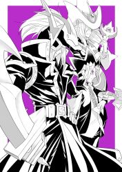 Rule 34 | 1girl, 2boys, ahiru-kmo, duel disk, fake horns, from side, gloves, hair over one eye, hat, helmet, highres, holding, holding sword, holding wand, holding weapon, horned helmet, horns, long hair, millennium puzzle, multiple boys, muto yugi, purple background, silent magician, silent swordsman, simple background, smile, sword, wand, weapon, wizard hat, yu-gi-oh!