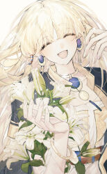 1girl absurdres blonde_hair bracelet flower happy highres holding holding_flower jewelry looking_at_viewer m_smdakql mabinogi portia_(mabinogi) simple_background smile