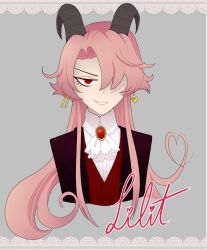 Rule 34 | ascot, black suit, buttons, character name, cropped torso, demon boy, demon horns, earrings, facing viewer, formal clothes, funamusea, galaxi, gallaxi, gem, grey background, hair intakes, hair ornament, hair over one eye, heart, heart earrings, heart hair ornament, highres, horns, jewelry, lil (funamusea), long hair, looking at viewer, male focus, red eyes, red vest, slit pupils, smile, solo, straight-on, suit, teeth, vest, white ascot