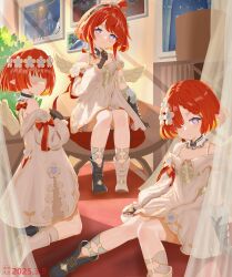 3girls absurdres angel_wings asymmetrical_legwear black_boots black_gloves blue_eyes boots breasts commentary_request couch cross-shaped_pupils dated dress flower gloves hair_flower hair_ornament head_wreath highres honkai:_star_rail honkai_(series) looking_at_viewer mismatched_legwear multiple_girls on_couch pointy_ears portrait_(object) red_hair short_hair sitting small_breasts smile symbol-shaped_pupils trianne_(honkai:_star_rail) tribbie_(honkai:_star_rail) trinnon_(honkai:_star_rail) triplets white_blindfold white_boots white_dress wings yi_ming_lan_qu