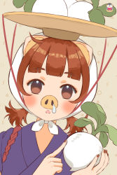 1girl animal_crossing animal_ears blue_kimono blunt_bangs blush brown_eyes brown_hair brown_nails daisy_mae_(animal_crossing) food hat headscarf highres holding holding_food holding_vegetable japanese_clothes kamui_(kamuikaoru) kimono looking_at_viewer medium_hair nintendo object_on_head parted_lips personification pig_ears pig_girl pig_nose runny_nose short_twintails snot solo turnip twintails upper_body vegetable white_hat