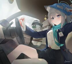 1boy 1girl blindfold blood blood_on_clothes blue_archive blush bound broken_window car car_interior doodle_sensei_(blue_archive) driving gag gloves halak0000 hammer highres improvised_gag kidnapping motor_vehicle rope sensei_(blue_archive) shiroko_(blue_archive) smile steering_wheel tape tape_gag tied_up_(nonsexual) yandere