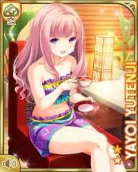 1girl breasts card_(medium) character_name day girlfriend_(kari) hair_ornament indoors looking_at_viewer medium_breasts medium_hair midriff official_art open_mouth pink_hair purple_eyes qp:flapper shirt shorts sitting smile solo spa tagme teacher yutenji_yayoi
