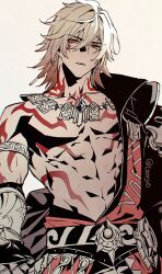 1boy braid half-closed_eyes highres honkai:_star_rail honkai_(series) looking_at_viewer male_focus muscular muscular_male mydei_(honkai:_star_rail) open_mouth orange_eyes orange_hair red_tattoo simple_background solo teeth toriyoshi upper_body white_background