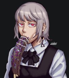 1girl alphamob200x banana bar_censor black_background censored chainsaw_man chocolate_banana collared_shirt commentary dress ear_piercing earrings eating english_commentary fami_(chainsaw_man) female_focus food food_in_mouth fourth_east_high_school_uniform fruit grey_hair highres holding holding_food jewelry looking_at_viewer mole mole_under_eye oral phallic_symbol piercing pinafore_dress red_eyes ringed_eyes school_uniform seductive_gaze sexually_suggestive shirt short_hair signature simple_background sleeveless sleeveless_dress solo sprinkles tassel tassel_earrings watermark