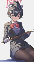 1girl animal_ears black_eyes black_hair black_hat black_pantyhose black_skirt blue_archive bow bowtie breasts buttons closed_mouth collared_shirt extra_ears feet_out_of_frame gloves hair_between_eyes hat highres large_breasts long_sleeves official_alternate_costume pantyhose pencil_skirt red_bow red_bowtie red_hair reulem shirt short_hair sitting skirt solo tsubaki_(blue_archive) tsubaki_(guide)_(blue_archive) white_gloves white_shirt