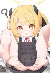 1girl :o ? ass bare_legs barefoot black_dress blonde_hair blue_archive blush bright_pupils demon_horns demon_tail dress halo highres horns hudeako ibuki_(blue_archive) loli looking_at_viewer neck_ribbon no_panties one_side_up pinafore_dress pleated_dress pointy_ears red_ribbon ribbon school_uniform shirt simple_background sleeveless sleeveless_dress solo spread_pussy spread_pussy_under_clothes tail white_background white_pupils white_shirt yellow_eyes