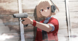 1girl black_vest blonde_hair bob_cut closed_mouth gun handgun headphones highres jacket looking_at_viewer lycoris_recoil makarov_pm nishikigi_chisato open_clothes open_jacket red_eyes red_jacket short_hair sleeves_rolled_up solo upper_body vest washu_junkyu weapon