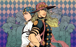 6+boys age_progression aged_down beanie blonde_hair cape child gradient_hair green_hair gyro_zeppeli hat highres hood hoodie horseshoe johnny_joestar jojo_no_kimyou_na_bouken long_hair marion-ville mullet multicolored_hair multiple_boys multiple_persona partially_colored star_(symbol) star_print steel_ball_run