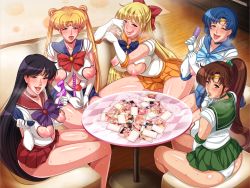 5girls aino_minako ass bishoujo_senshi_sailor_moon blonde_hair blue_eyes blue_hair blush breasts brown_hair dildo elbow_gloves finger_to_mouth gloves hino_rei huge_breasts kino_makoto legs long_hair looking_at_viewer mario_(mario_portal) mizuno_ami multiple_girls naughty_face nippleless_clothes nipples one_eye_closed open_mouth panties photo_(object) ponytail purple_eyes purple_hair sailor_jupiter sailor_mars sailor_mercury sailor_moon sailor_venus sex_toy short_hair sitting skirt sweat table team-tanabe thighs tiara tsukino_usagi twintails underwear wink
