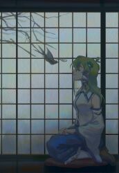 1girl antenna_hair bird blue_skirt branch breasts brown_shoes closed_mouth collared_shirt commentary cushion detached_sleeves frilled_skirt frills frog_hair_ornament from_side full_body green_eyes green_hair guru.zong hair_between_eyes hair_ornament hair_tubes highres indoors kochiya_sanae long_bangs long_hair medium_breasts profile seiza shirt shoes shouji sidelocks single_hair_tube sitting skirt sleeveless sleeveless_shirt sliding_doors smile snake_hair_ornament socks solo swallow_(bird) touhou white_shirt white_sleeves white_socks zabuton