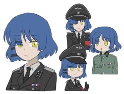 1girl badge blue_hair bocchi_the_rock! eyes_visible_through_hair hair_ornament hairclip hat military military_hat military_uniform nazi nullpo short_hair white_background yamada_ryo yellow_eyes