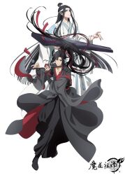 2boys absurdres ahoge anime_coloring black_boots black_hair black_hanfu boots chinese_clothes closed_mouth collarbone copyright_name dizi floating_hair flute flute_tassel full_body grey_eyes guqin hair_ribbon hanfu headband high_ponytail highres holding holding_flute holding_instrument instrument lan_wangji long_hair long_sleeves looking_at_viewer male_focus mdzs_official modao_zushi multiple_boys music official_art over_shoulder playing_flute playing_instrument ponytail red_ribbon ribbon robe sidelocks simple_background sleeves_past_wrists smile standing tassel topknot transverse_flute very_long_hair wei_wuxian white_background white_hanfu white_headband wide_sleeves xiao_guan_(headdress) yaopei yellow_eyes