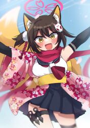 1girl animal_ear_fluff animal_ears blue_archive brown_hair detached_collar eyebrows_hidden_by_hair fox_ears fox_tail hair_ornament hairpin halo highres izuna_(blue_archive) japanese_clothes kimono kunai neck_ribbon nomeshi open_mouth pink_halo pink_kimono pleated_skirt print_kimono red_scarf ribbon scarf school_uniform skirt sky sleeveless smile sunlight tail weapon