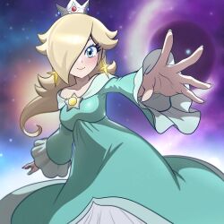 Rule 34 | aqua dress, aqua nails, blonde hair, blue eyes, closed mouth, commentary, crown, dress, earrings, english commentary, fingernails, floating hair, hair over one eye, highres, jewelry, lips, long hair, long sleeves, looking at viewer, mario (series), muis0802, nintendo, one eye covered, pink lips, princess, rosalina, smile, super mario galaxy