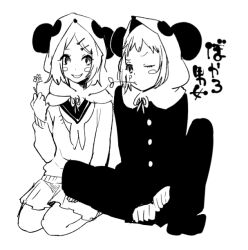 Rule 34 | 2girls, animal hood, black jacket, black pants, blush stickers, flower, full body, gakuran, gumi, high contrast, holding, holding flower, hood, jacket, kagamine rin, long sleeves, looking at another, monochrome, mouth hold, multiple girls, neckerchief, on ground, one eye closed, panda hood, pants, parted bangs, school uniform, seiza, short bangs, short hair, simple background, sitting, skirt, smile, stalk in mouth, sweater, v-shaped eyebrows, vocaloid, white background, yi er fan club (vocaloid), yokoyari mengo