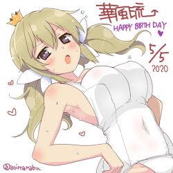 1girl :o aoi_manabu blonde_hair blush breasts covered_erect_nipples covered_navel crown from_below hands_on_own_hips happy_birthday kafuru_(senran_kagura) looking_at_viewer low_twintails medium_breasts medium_hair mini_crown purple_eyes purple_pupils school_swimsuit see-through_clothes senran_kagura solo swimsuit twintails twitter_username wet