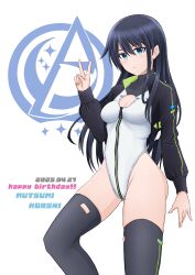 1girl absurdres alice_gear_aegis black_thighhighs blue_eyes blue_hair breasts cleavage companion/af highres koashi_mutsumi long_hair solo thighhighs tubamesaapoo
