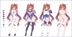 Rule 34 | 1girl, absurdres, adapted costume, animal ears, black thighhighs, blue bow, blue bowtie, blue jacket, blush, boots, bow, bowtie, breasts, brown hair, brown shoes, cameltoe, center frills, circlet, color guide, commentary request, completely nude, contrapposto, covered erect nipples, covered navel, daiwa scarlet (umamusume), epaulettes, frills, full body, garter straps, hair intakes, head tilt, highres, horse ears, horse girl, horse tail, horseshoe ornament, jacket, large breasts, leotard, loafers, long hair, long sleeves, looking at viewer, multicolored leotard, multiple views, nipple piercing, nipples, nose blush, nude, open mouth, piercing, puffy short sleeves, puffy sleeves, purple bow, purple bowtie, purple leotard, purple thighhighs, pussy, pussy piercing, school uniform, shoes, short sleeves, simple background, smile, summer uniform, tail, thigh boots, thighhighs, tracen school uniform, twintails, two-tone leotard, ugohato, umamusume, uncensored, v-shaped eyebrows, variations, very long hair, white background, white boots, white bow, white bowtie, white leotard, white thighhighs, winter uniform