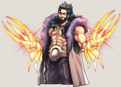 1boy abs alex_(cerealex) balthus_von_albrecht balthus_von_albrecht_(timeskip) bara beard black_hair chest_hair clawed_gauntlets closed_mouth commentary english_commentary facial_hair fire_emblem fire_emblem:_three_houses grey_background highres looking_at_viewer male_focus muscular muscular_male nintendo nipples pectorals smile