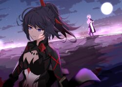 2girls absurdres black_bodysuit black_boots bodysuit boots breasts cleavage cleavage_cutout clothing_cutout cloud cloudy_sky crying crying_with_eyes_open elf elysia_(honkai_impact) elysia_(miss_pink_elf)_(honkai_impact) full_body full_moon highres honkai_(series) honkai_impact_3rd long_hair long_sleeves moon multiple_girls number-only_commentary outdoors parted_lips pink_hair pointy_ears ponytail purple_eyes purple_hair raiden_mei raiden_mei_(danzai_spectramancer) raiden_mei_(orochi_cuirass) shrug_(clothing) sky sparks_summer standing star_(sky) starry_sky teardrop tears