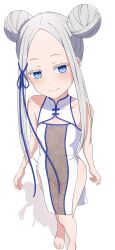 1girl absurdres bare_arms bare_legs bare_shoulders barefoot blue_eyes blush braid braided_bun breasts china_dress chinese_clothes colored_eyelashes covered_erect_nipples dress forehead full_body hair_bun hair_ribbon highres long_hair looking_at_viewer midriff na-suke navel off_shoulder pandora_(re:zero) parted_bangs re:zero_kara_hajimeru_isekai_seikatsu ribbon see-through_clothes shadow sidelocks simple_background sleeveless sleeveless_dress small_breasts smile solo standing white_background white_dress white_hair