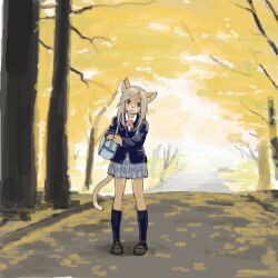 1girl :3 autumn bag blonde_hair blue_jacket body_fur brown_eyes brown_fur cat_girl full_body furry furry_female holding holding_bag jacket kikurage_(crayon_arts) kneehighs long_hair looking_at_viewer original outdoors pigeon-toed school_uniform skirt socks solo standing wide_shot