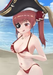 1girl 5% :q bare_shoulders bicorne bikini black_hat blush breast_hold breasts cleavage eyepatch gold_trim hair_ribbon halterneck hat heart heart_necklace highres hololive houshou_marine houshou_marine_(summer) jewelry large_breasts long_hair looking_at_viewer navel necklace pirate red_bikini red_eyes red_hair red_ribbon ribbon smile solo string_bikini swimsuit thighs tongue tongue_out twintails virtual_youtuber