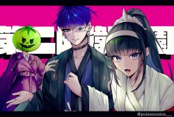 1boy 2girls black_border black_hair blue_eyes blue_hair border collar collarbone earrings eyepatch highres japanese_clothes japanese_text jewelry looking_at_viewer magadori_kyoshika mask mask_on_head multiple_girls omokage_yugamu one_eye_covered oosuzuki_kurara open_mouth pink_background poisononion simple_background teeth the_hundred_line_-last_defense_academy- tongue twitter_username upper_body