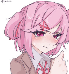 Rule 34 | 1girl, 22 2ll, artist name, blazer, bob cut, closed mouth, crying, crying with eyes open, doki doki literature club, hair ornament, hair ribbon, hairclip, jacket, natsuki (doki doki literature club), pink eyes, pink hair, red ribbon, ribbon, sad, school uniform, short hair, solo, teardrop, tears, twitter username, upper body, white background