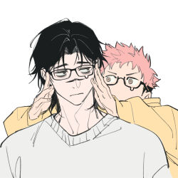 2boys bags_under_eyes bespectacled black-framed_eyewear black_hair brown_eyes choso_(jujutsu_kaisen) closed_mouth crew_neck curtained_hair facial_mark frown glasses grey_sweater hands_on_another&#039;s_face highres hood hoodie itadori_yuuji jujutsu_kaisen long_sleeves looking_to_the_side male_focus multiple_boys pink_hair short_hair sideburns sideways_glance simple_background sweater upper_body v-shaped_eyebrows white_background yellow_hoodie yi_(826805607)