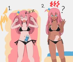1girl bikini black_bikini blue_eyes blush bocchi_the_rock! commentary cube_hair_ornament english_commentary gotoh_hitori hair_ornament highres kurokimoko long_hair navel one_side_up open_mouth pink_hair sexually_suggestive side-tie_bikini_bottom sleeping stomach swimsuit tan waving