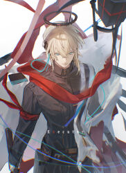 1boy absurdres aji_11300913 aqua_eyes arknights black_halo black_jacket blonde_hair character_name chromatic_aberration commentary crossed_bangs executor_(arknights) hair_between_eyes halo highres holding jacket long_sleeves looking_at_viewer male_focus short_hair solo standing typo
