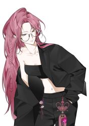Rule 34 | 1girl, alternate costume, alternate hairstyle, black coat, black pants, black tube top, braid, brown eyes, character charm, charm (object), closed mouth, coat, contrapposto, cowboy shot, curtained hair, ear piercing, earrings, glasses, hand in pocket, hashtag-only commentary, highres, hoop earrings, jewelry, kpop demon hunters, leaning to the side, long hair, long sleeves, midriff, mira (kpop demon hunters), navel, norigae, pants, piercing, pink hair, round eyewear, rumi (kpop demon hunters), simple background, single braid, single off shoulder, solo, standing, strapless, suyeombaby, tube top, very long hair, white background, zoey (kpop demon hunters)