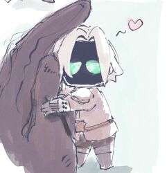 2boys arm_armor astro_bot astro_bot_(series) black_boots black_gloves black_pants boots chibi cloud_strife coat commentary cosplay gloves green_background green_eyes grey_coat grey_hair hair_intakes heart hug looking_at_viewer male_focus multiple_boys nishimi_zaki no_mouth pants parted_bangs sephiroth sephiroth_(ever_crisis) sephiroth_(ever_crisis)_(cosplay) size_difference solo_focus spoken_heart symbol-only_commentary thigh_boots yaoi