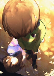 2others black_pants black_shoes blue_shorts bob_cut brown_hair chara_(undertale) closed_eyes commentary_request falling_petals field film_grain flower flower_field frisk_(undertale) from_above full_body green_shirt heart long_sleeves lying mii_(chibinomi) multiple_others on_side other_focus pants petals pink_shirt purple_shirt shirt shoes short_hair shorts standing striped_clothes striped_shirt two-tone_shirt undertale yellow_flower yellow_petals yellow_shirt