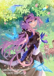 1girl arms_behind_back blue_eyes breasts bug butterfly cape cat commentary corset elysia_(honkai_impact) elysia_(miss_pink_elf)_(honkai_impact) english_commentary forest grass hair_ornament highres honkai_(series) honkai_impact_3rd insect long_hair looking_at_viewer marina_(mewgicalgurlart) nature outdoors pink_hair smile solo tree very_long_hair white_corset