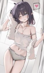 1girl absurdres alternate_costume blue_eyes blush brand_name_imitation breasts calvin_klein commentary crop_top drying drying_hair english_commentary grey_panties hands_up heart highres hololive hololive_english jewelry looking_at_viewer medium_hair navel necklace ninomae_ina&#039;nis one_eye_closed panties pointy_ears purple_nails scarlet_(wv0102) small_breasts solo spoken_heart sports_panties standing strap_slip towel underwear virtual_youtuber