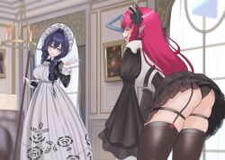 2girls anus apron arched_back black_panties black_thighhighs blue_eyes blue_hair blunt_bangs braid breasts closed_eyes commentary_request curtains dress embroidery garter_straps hair_between_eyes hair_intakes hair_ribbon hairband hat highres holding holding_mop hololive hololive_english horns indoors irys_(hololive) irys_(maid)_(hololive) juliet_sleeves lace lace-trimmed_skirt lace_trim large_breasts light_blush lolita_hairband long_dress long_hair long_sleeves low_twin_braids lyunree6161 maid maid_apron mob_cap mop multiple_girls official_alternate_costume official_alternate_hairstyle open_mouth ouro_kronii ouro_kronii_(maid) panties pantyshot picture_frame pointy_ears puffy_sleeves puritan_collar red_hair ribbon short_dress skirt smile smug talking thigh_strap thighhighs twin_braids underwear virtual_youtuber white_sleeve_cuffs wide_sleeves window