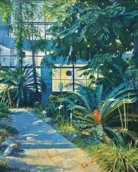 Rule 34 | absurdres, commentary request, dappled sunlight, day, flower, grass, greenhouse, highres, indoors, no humans, original, path, road, rock, scenery, sign, sugita magari, sunlight, tree, window