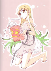 1girl barefoot black_ribbon blonde_hair blush_stickers breasts cup disposable_cup dress drinking_straw drinking_straw_in_mouth food full_body highres holding holding_cup kiss-shot_acerola-orion_heart-under-blade kneeling long_hair looking_at_viewer monogatari_(series) mouth_hold no_bra non-web_source official_art oshino_shinobu pink_background pointy_ears popcorn ribbon simple_background small_breasts solo spaghetti_strap strap_slip watanabe_akio white_dress wrist_ribbon yellow_eyes