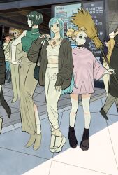 3boys 4girls black_hair blonde_hair blue_eyes blue_hair blue_nails bob_cut broom cardigan choker commentary double_bun formal_clothes full_body fushiguro_megumi glasses hair_bun hand_on_own_hip high-waist_pants highres holding holding_broom itadori_yuuji jewelry jujutsu_kaisen long_skirt looking_at_viewer looking_to_the_side miwa_kasumi multiple_boys multiple_girls nanami_kento necklace nishimiya_momo pants skirt sleeveless spiked_hair suit takeuchi_ryousuke tsukumo_yuki_(jujutsu_kaisen) turtleneck zenin_mai