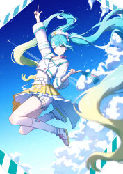 Rule 34 | 1girl, absurdres, aqua eyes, aqua hair, aqua nails, arm up, awai uta, blonde hair, blush, bow, bowtie, cropped jacket, flag, gradient hair, hair ornament, hatsune miku, highres, holding, holding flag, index finger raised, jacket, long hair, long sleeves, looking at viewer, magical mirai (vocaloid), magical mirai miku, magical mirai miku (2024), midriff, multicolored hair, multicolored nails, one eye closed, pink bow, pink bowtie, pink nails, plaid clothes, plaid skirt, pleated skirt, shoes, shorts, shorts under skirt, skirt, smile, solo, twintails, very long hair, vocaloid, white jacket, white shoes, yellow skirt