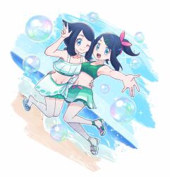 alternate_costume bare_shoulders beach bikini black_hair blue_bikini blue_eyes blue_hair blush bow bubble closed_mouth colored_inner_hair cowlick eyelashes green_bikini green_hair_ornament hair_bow hair_ornament hairclip liko_(pokemon) looking_at_viewer midriff multicolored_hair navel nintendo ocean one_eye_closed open_mouth outdoors pokemon pokemon_(anime) pokemon_horizons sandals short_hair smile swimsuit teeth upper_teeth_only water white_bikini yibuzhai
