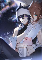 2boys aleo anmicius aotu_world aqua_eyes artist_name bandana bare_shoulders black_hair black_pants black_shirt brown_hair coffee_mug cup dated fingerless_gloves gloves grin hair_between_eyes happy_birthday headband highres holding holding_cup holding_toy hug hug_from_behind jacket jacket_partially_removed looking_at_viewer male_focus mug multiple_boys night night_sky pants pointy_ears purple_eyes ray_(aotu_world) shirt short_hair signature sitting sky sleeveless sleeveless_shirt sleeveless_turtleneck smile space spiked_hair star_(sky) starry_sky stuffed_animal stuffed_toy toy turtleneck white_gloves white_headband white_jacket white_shirt yaoi