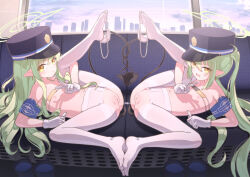 2girls armband bikini blue_archive blue_armband censored cleft_of_venus commentary_request demon_girl demon_tail earrings eyepatch_bikini flat_chest gloves green_hair green_halo halo heart heart_censor highres hikari_(blue_archive) intertwined_tails jewelry loli long_hair looking_at_viewer multiple_girls nipples no_shoes nozomi_(blue_archive) object_insertion open_mouth paid_reward_available pantyhose parted_lips pointless_censoring pussy siblings sisters spread_legs swimsuit tail tampon tampon_string torn_clothes torn_pantyhose train_interior twins twintails unworn_bikini_bottom utm_iota vaginal vaginal_object_insertion white_gloves white_pantyhose yellow_eyes